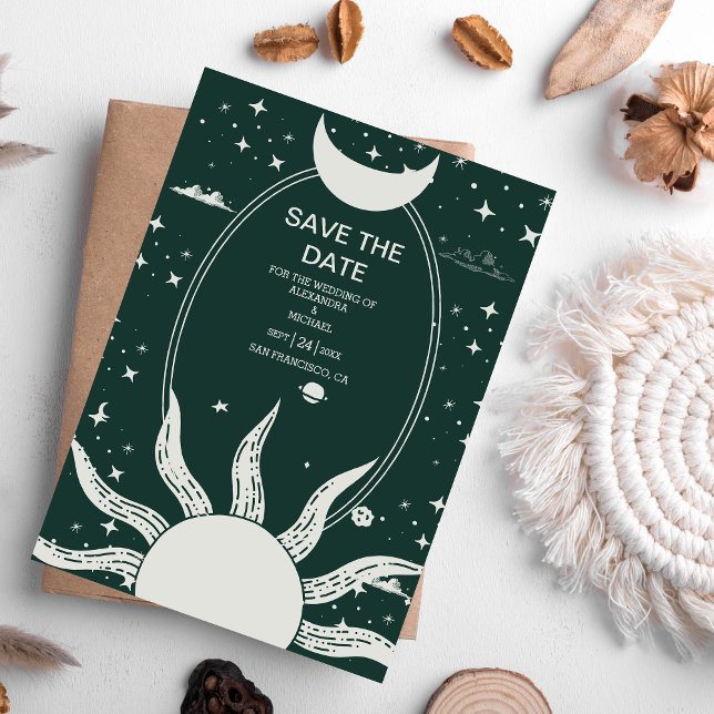  Mystical Silver and Green Sun Moon Wedding Save The Date (Creator Uploaded)