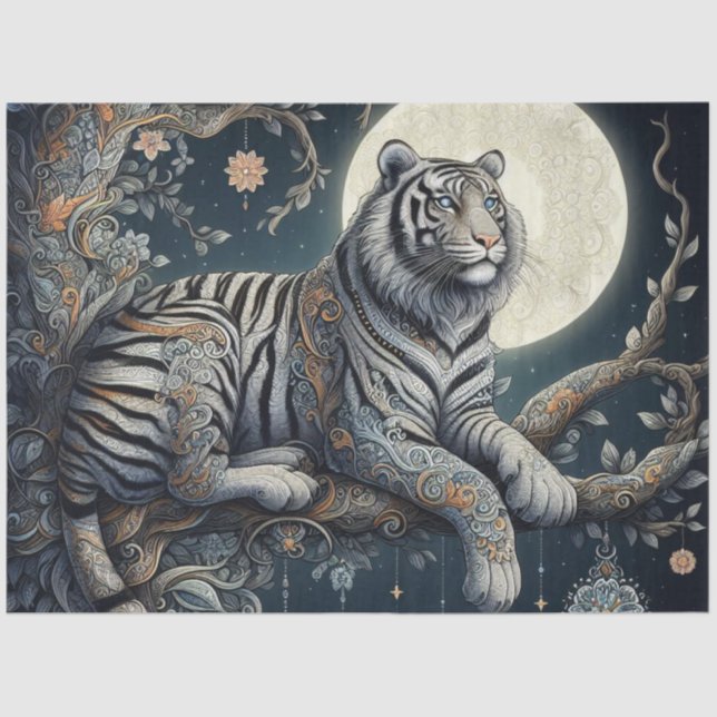 Mystical Silver Tiger with Filigree  Tissue Paper (Front)