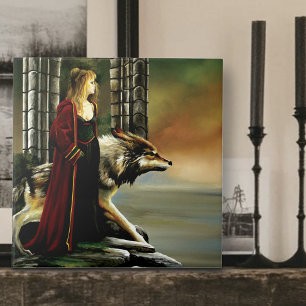 Mystical Sorceress Wolf Guardian Stone Portal Ceramic Tile