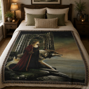 Mystical Sorceress Wolf Guardian Stone Portal Throw Blanket