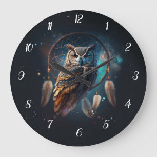 Mystical Space Owl with Dreamcatcher Art       Large Clock