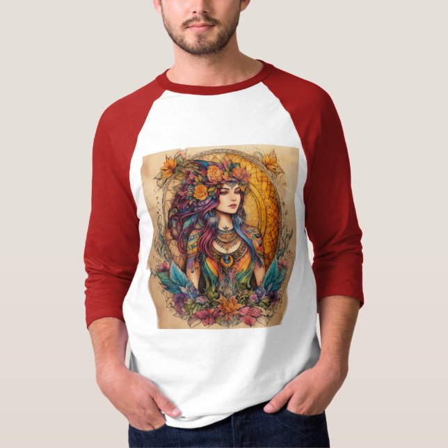 Mystical Spirit Ink Drawing – Vibrant Tattoo T-Shirt (Front)