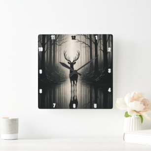 Mystical Stag Forest With A Silhouette Square Wall Clock