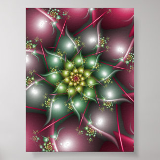 Mystical Star Flower Emerald Green and Burgundy Re Poster