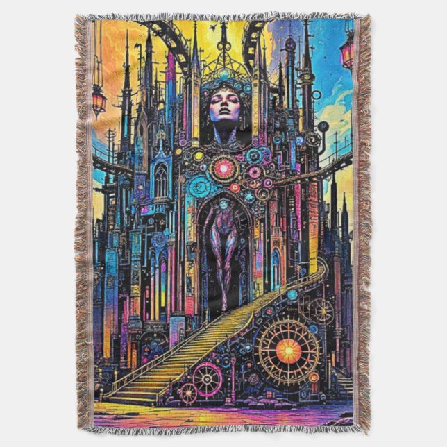 Mystical Steampunk Cathedral Throw Blanket (Front Vertical)