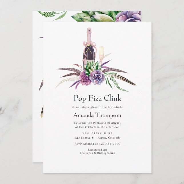 Mystical Succulent Pop Fizz Clink Bridal Shower Invitation (Front/Back)