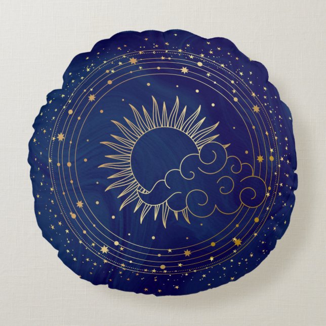 Mystical Sun, Moon and Clouds Meditation Round Cushion (Front)