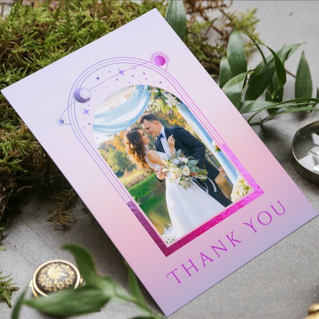 Mystical Sunset Pink Star Moon Stars Photo Wedding Thank You Card (Creator Uploaded)