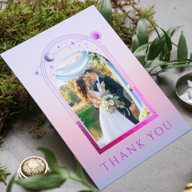 Mystical Sunset Pink Sun Moon Star Photo Wedding Thank You Card (Creator Uploaded)