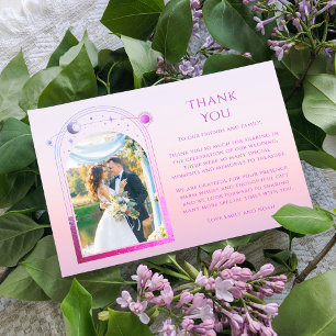 Mystical Sunset Pink Sun Moon Star Photo Wedding Thank You Card