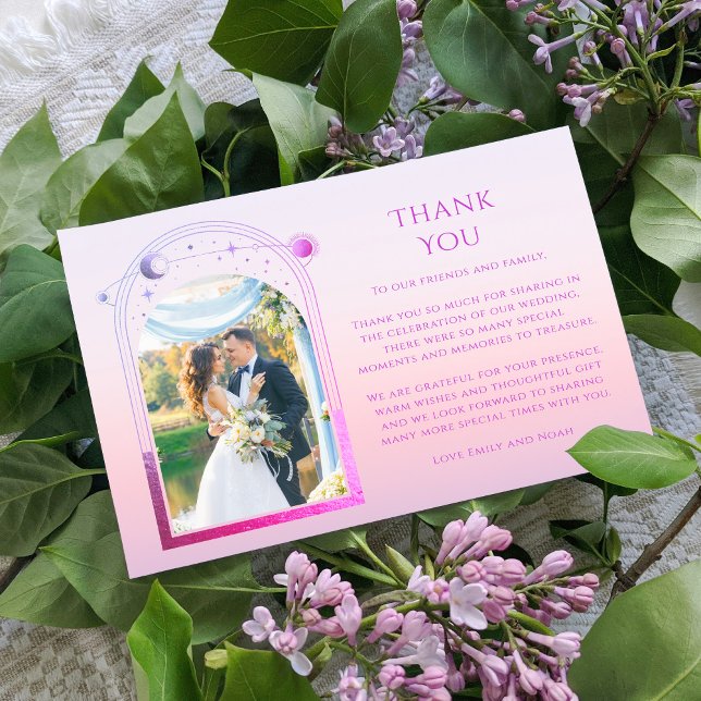 Mystical Sunset Pink Sun Moon Star Photo Wedding Thank You Card (Creator Uploaded)