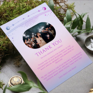 Mystical Sunset Pink Sun Moon Stars Photo Wedding Thank You Card