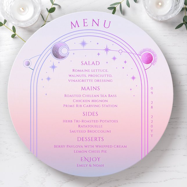 Mystical Sunset Pink Sun Moon Stars Space Wedding Menu (Creator Uploaded)