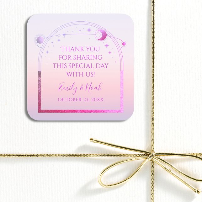 Mystical Sunset Pink Sun Moon Stars Wedding Square Sticker (Creator Uploaded)