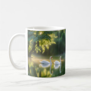 Mystical Swans Gracefully Gliding On summer Pond Coffee Mug