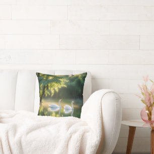 Mystical Swans Gracefully Gliding On Summer Pond Cushion