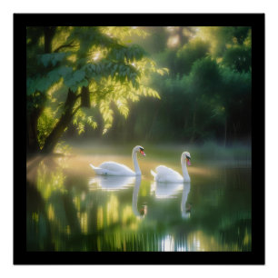Mystical Swans Gracefully Gliding On Summer Pond Poster