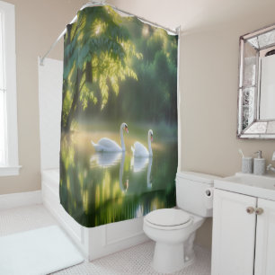 Mystical Swans Gracefully Gliding On Summer Pond Shower Curtain
