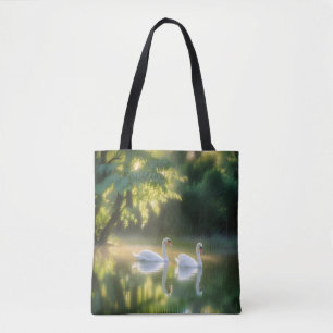 Mystical Swans Gracefully Gliding On Summer Pond Tote Bag