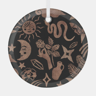 Mystical symbols: snake, sun, moon. glass tree decoration