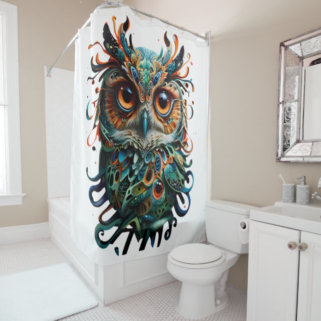  "Mystical Symmetry: Vibrant Owl Art" Shower Curtain (In Situ)