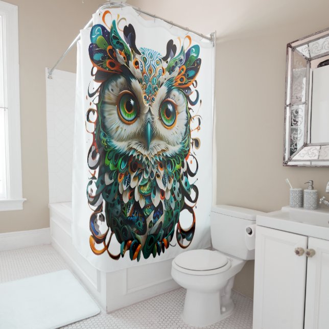  "Mystical Symmetry: Vibrant Owl Art" Shower Curtain (In Situ)