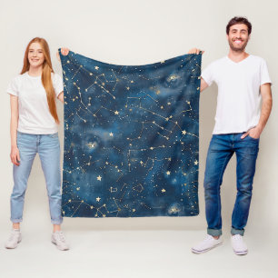 Mystical Teal Gold Cosmic Stars Nebula Fleece Blanket