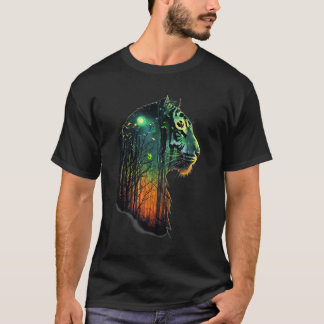 Mystical Tiger Head Silhouette with Forest Element T-Shirt