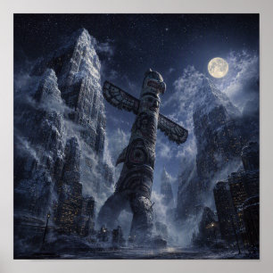 Mystical Totem Under Moonlit Sky Poster