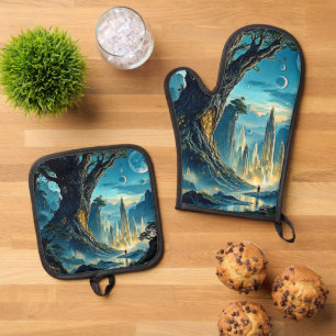Mystical Tree City Dreamscape Oven Mitt & Pot Holder Set