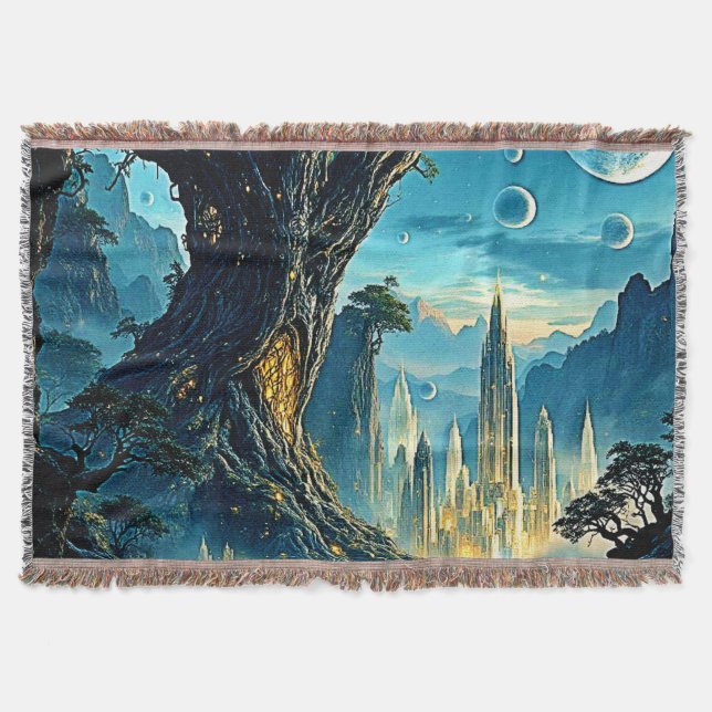 Mystical Tree City Dreamscape Throw Blanket (Front)