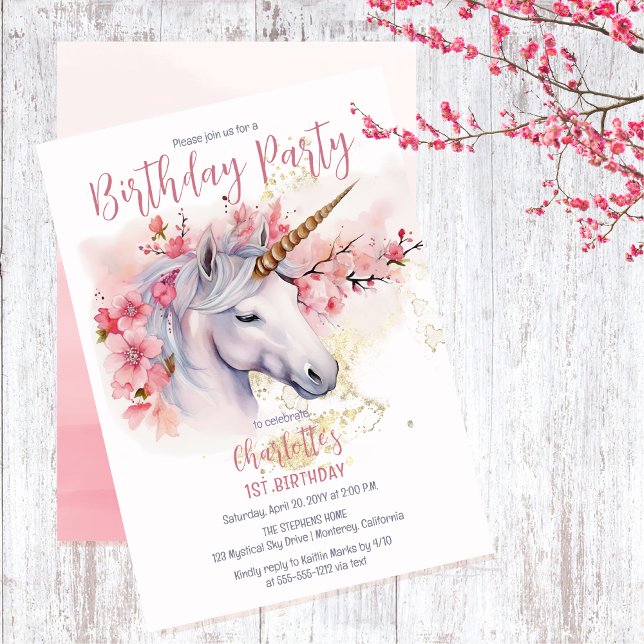 Mystical Unicorn Floral Girl 1st Birthday Party Invitation (Unicorn Mythical Creature and Pink Cherry Blossom Floral 1st Birthday Party Invitation)