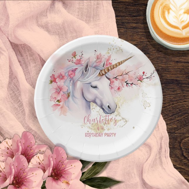 Mystical Unicorn Floral Girl 4th Birthday Party Paper Plate (Mystical Unicorn and Cherry Blossoms Pink Floral Girl 4th Birthday Party Paper Plates)
