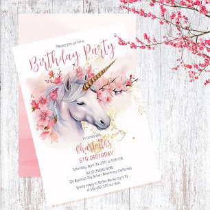 Mystical Unicorn Floral Girl 5th Birthday Party Invitation
