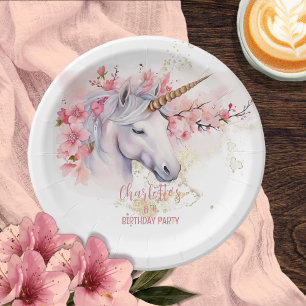 Mystical Unicorn Floral Girl 8th Birthday Party Paper Plate