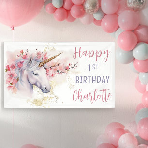 Mystical Unicorn   Pink Floral Girl 1st Birthday Banner