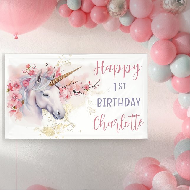 Mystical Unicorn | Pink Floral Girl 1st Birthday Banner (Mystical Unicorn Pink  Cherry Blossoms and Faux Gold Glitter Girl's "Happy 1st Birthday" Banner)