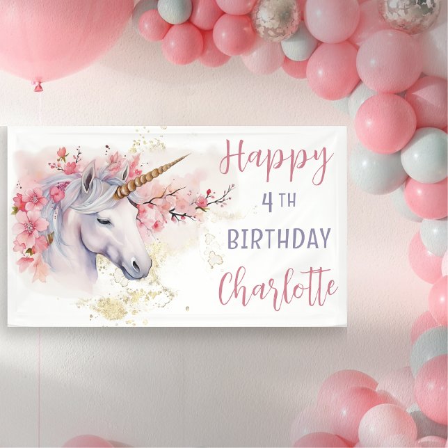 Mystical Unicorn | Pink Floral Girl 4th Birthday Banner (Mystical Unicorn Pink  Cherry Blossoms and Faux Gold Glitter Girl's "Happy 4th Birthday" Banner)