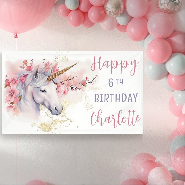 Mystical Unicorn | Pink Floral Girl 6th Birthday Banner (Mystical Unicorn Pink  Cherry Blossoms and Faux Gold Glitter Girl's "Happy 6th Birthday" Banner)