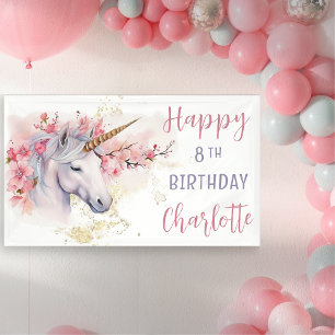 Mystical Unicorn   Pink Floral Girl 8th Birthday Banner