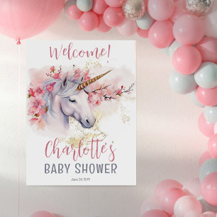 Mystical Unicorn   Pink Floral Girl Baby Shower Poster