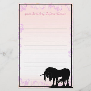Mystical Unicorn w/lines (pink w/purple flowers) Stationery