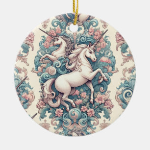 Mystical Victorian Unicorns: Enchanted Floral Ceramic Ornament
