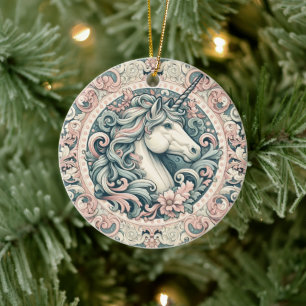 Mystical Victorian Unicorns: Enchanted Floral Ceramic Ornament