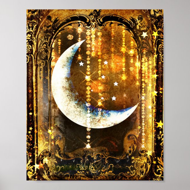 Mystical Vintage Gold Moon Crystals Poster (Front)