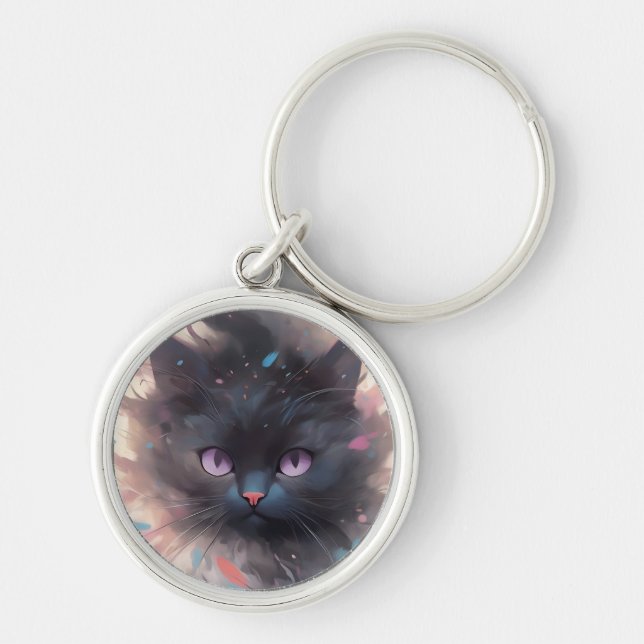 Mystical Watercolor Black Cat | Cute  Cat Key Ring (Front)