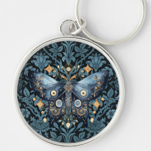 Mystical Watercolor Blue and Gold Night Moth Key Ring