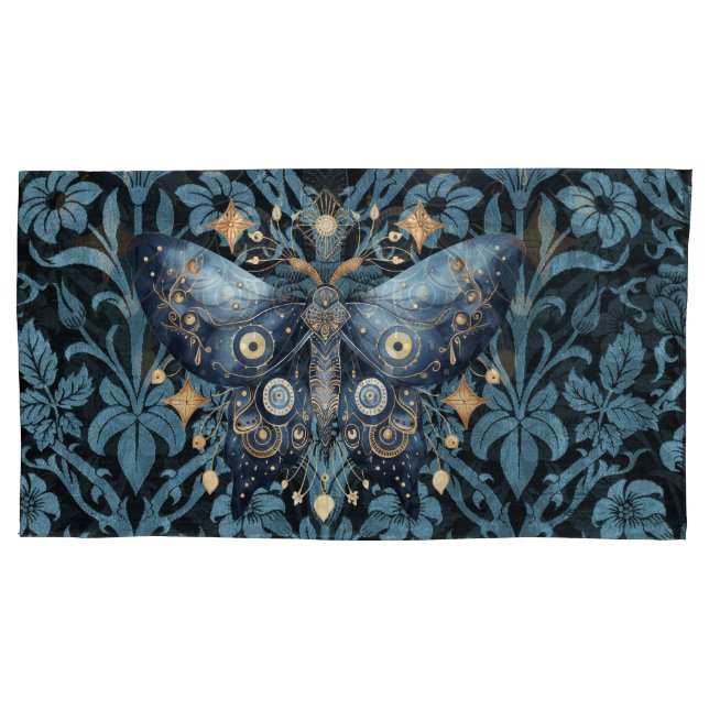 Mystical Watercolor Blue and Gold Night Moth Pillowcase (Front)