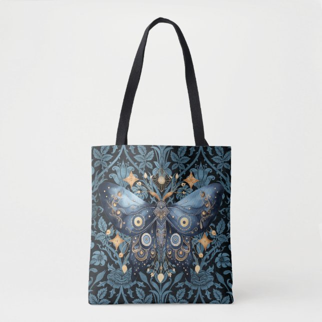 Mystical Watercolor Blue and Gold Night Moth Tote Bag (Front)