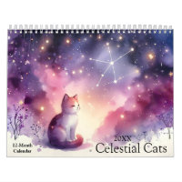 Mystical Watercolor Celestial Cats 2026 Wall